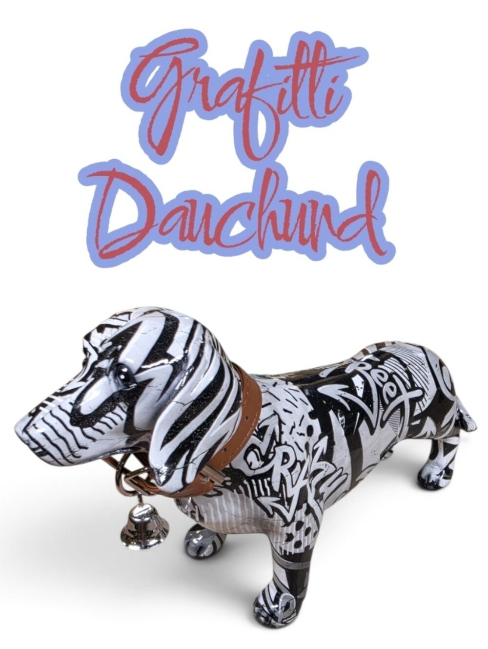 Glazed Resin Black & White Graffiti Art Dachshund Dog Statue w/ Collar - NIB!